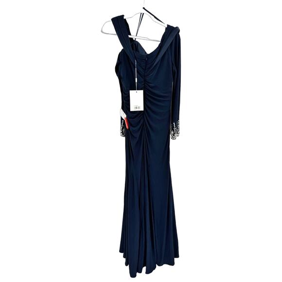 Mac Duggal 12231 Midnight Beaded Cuff Drop Shoulder Faux Wrap Gown Size 12 NWT - Picture 8 of 8